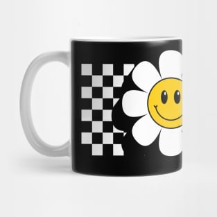 Retro Smiley Daisy Flower Emoji with Chess Board Black and White Mug